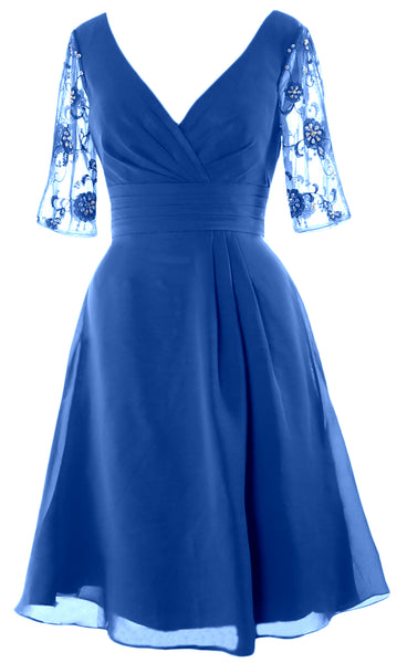 MACloth Mother of Bride Short Dresses Half Sleeves V Neck Cocktail