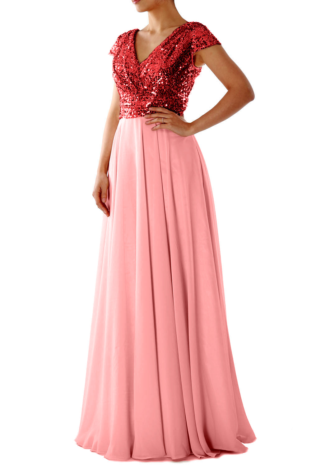 Cap Sleeves V Neck Sequin Chiffon Rose Gold Bridesmaid Dress
