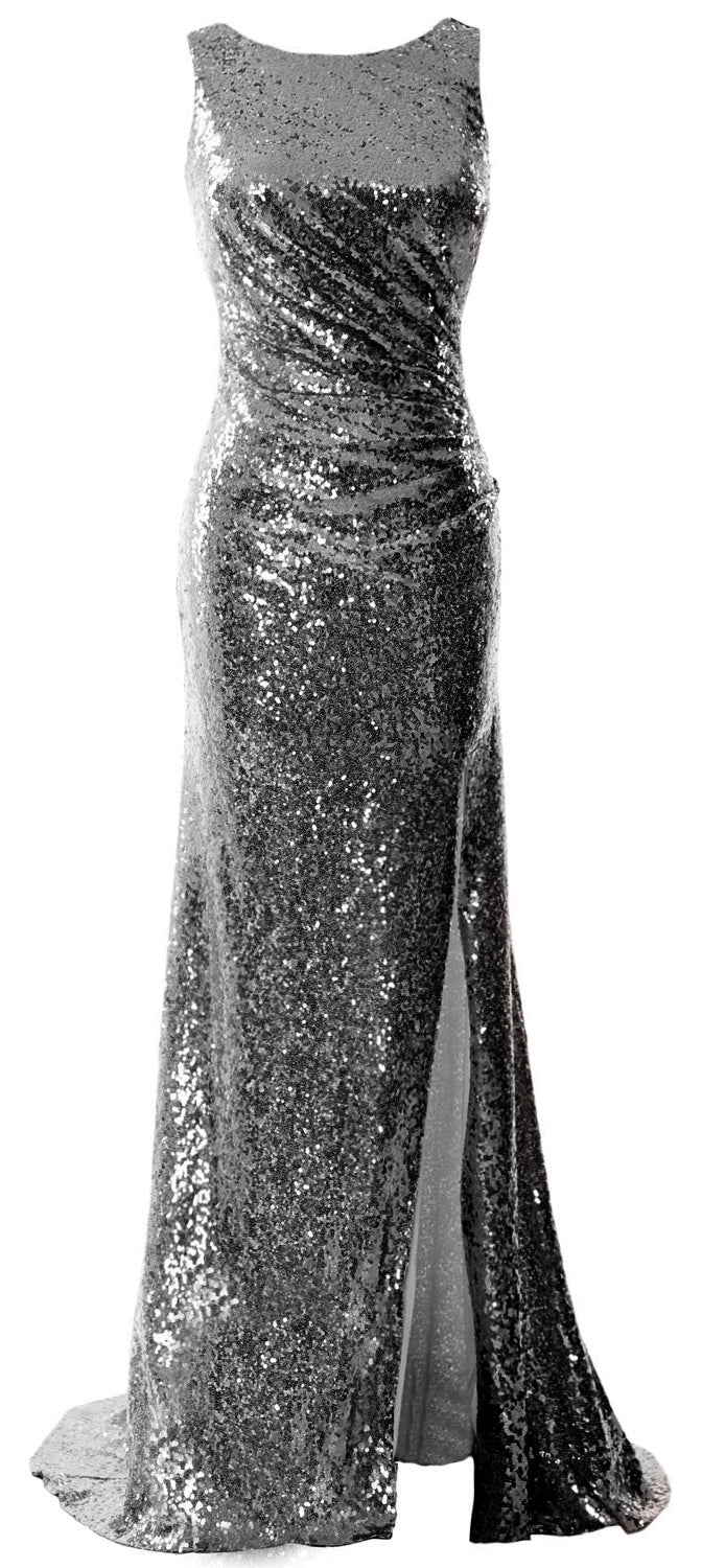MACloth Women Sequin Long Bridesmaid Dresses Cowl Back Prom Evening Gown Split