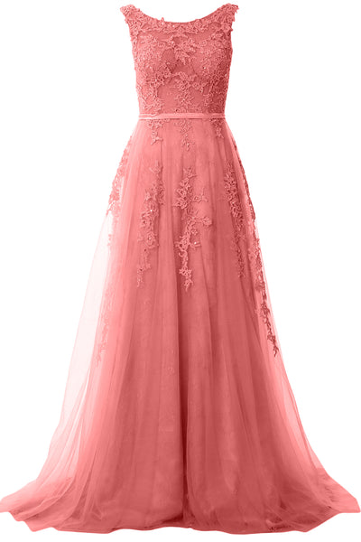 MACloth Lace Prom Dresses Boat Neck Sleeveless Lace Wedding Formal Evening Gown