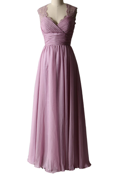 MACloth Women Vintage Long Bridesmaid Dress V Neck Lace Formal Evening Gown
