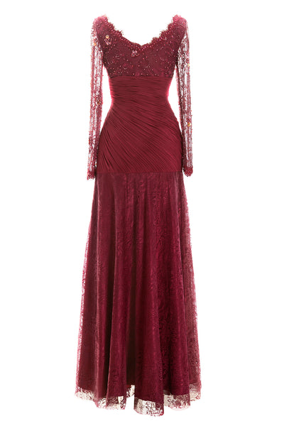 MACloth Women Long Sleeve V Neck Bead Mother of Bride Formal Dress Evening Gown