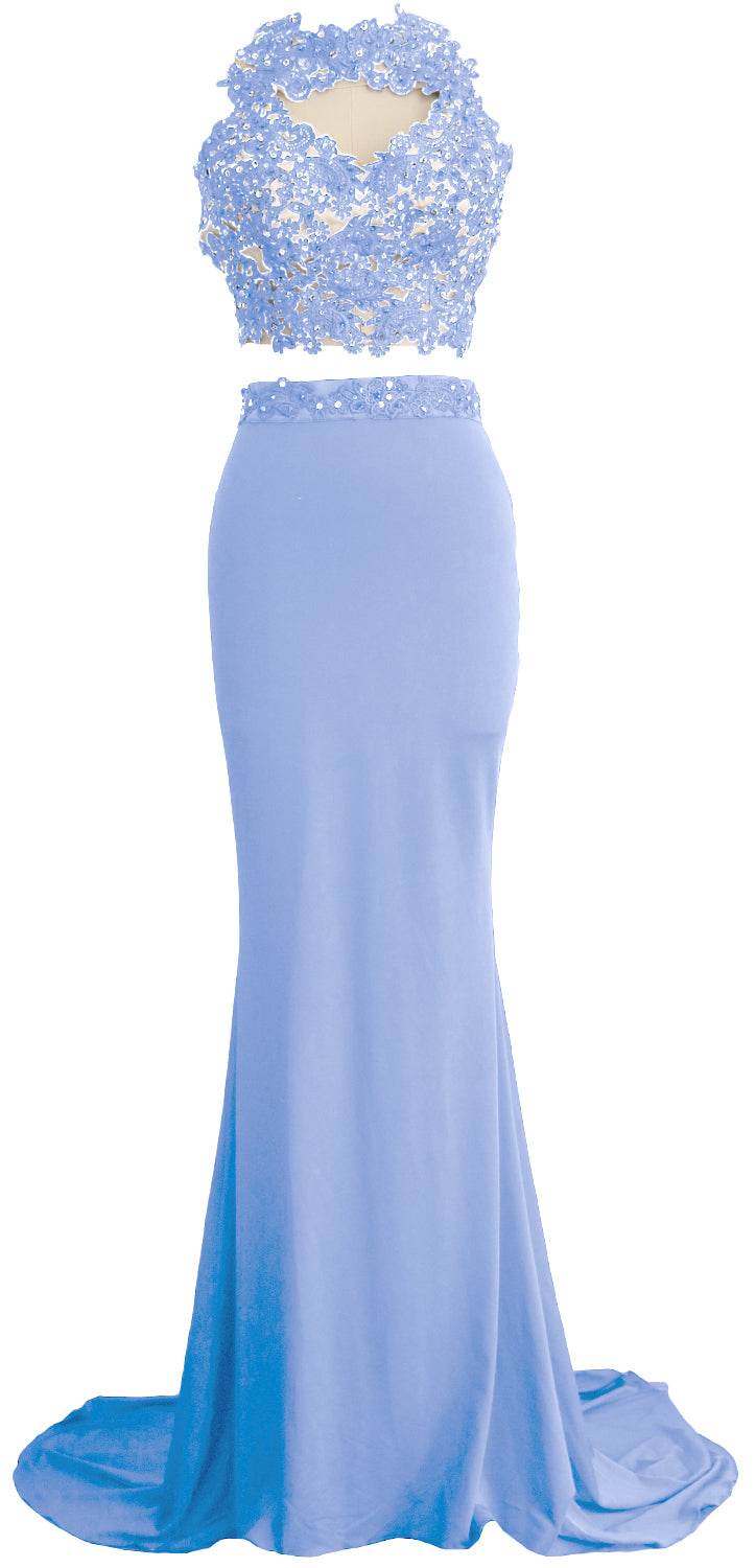 MACloth Damen Meerjungfrau 2-teiliges langes Ballkleid aus Spitze und Jersey, Abendkleid