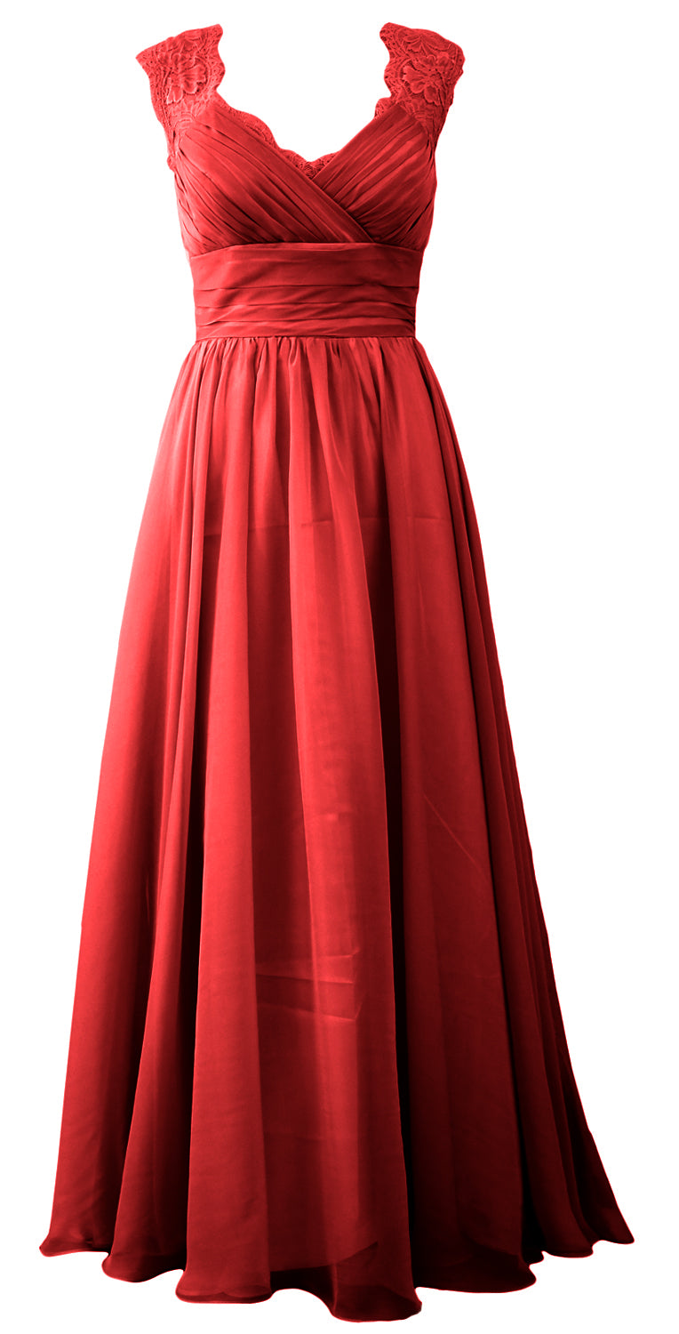 MACloth Women Vintage Long Bridesmaid Dress V Neck Lace Formal Evening Gown