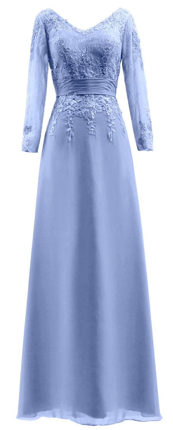 MACloth Vestidos de madre de la novia Mangas largas Cuello en V Encaje Vestido de noche formal