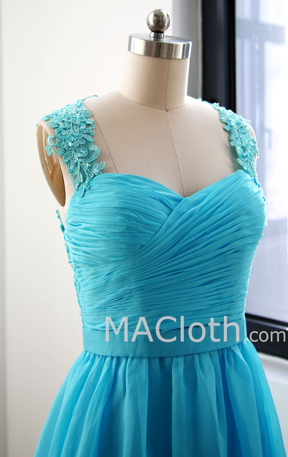 MACloth Straps Sweetheart Knee Length Chiffon Blue Prom Dress, Homecom MACloth Straps Sweetheart Knee Length Chiffon Blue Prom Dress, Homecom
