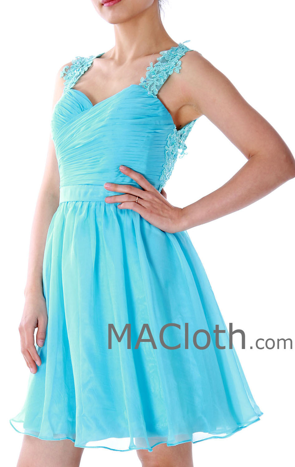 MACloth Straps Sweetheart Knee Length Chiffon Blue Prom Dress, Homecoming Dress 160130