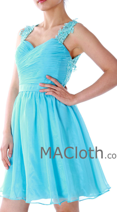 MACloth Straps Sweetheart Knee Length Chiffon Blue Prom Dress, Homecoming Dress 160130