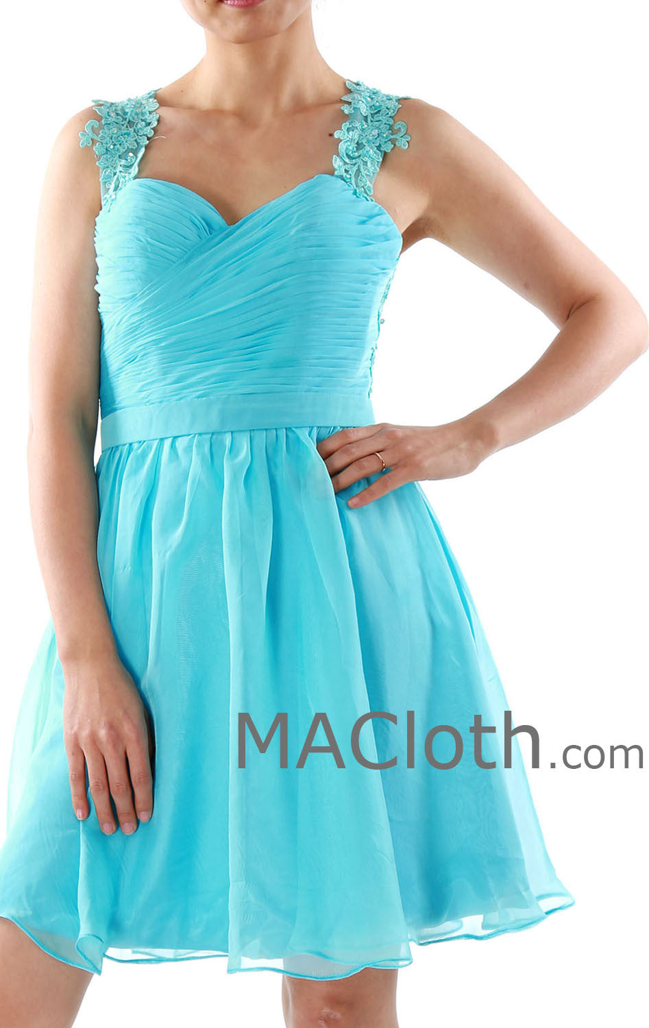 MACloth Straps Sweetheart Knee Length Chiffon Blue Prom Dress, Homecoming Dress 160130