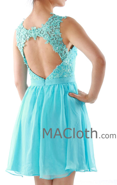 MACloth Straps Sweetheart Knee Length Chiffon Blue Prom Dress, Homecoming Dress 160130