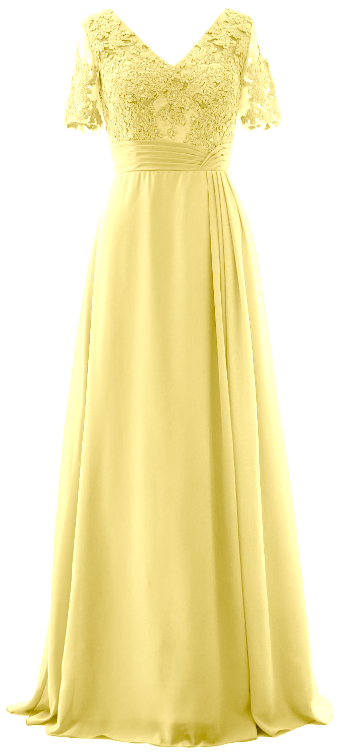 MACloth Women V Neck Long Mother of Bride Dresss Lace Evening Gown Short Sleeves