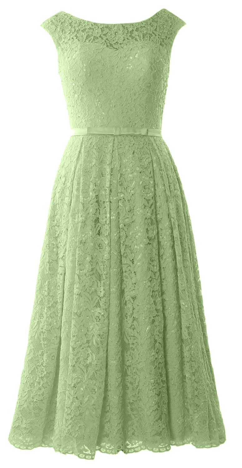 MACloth Women Tea Length Mother Bride Gown Dresses Cap Sleeve Lace Midi Corset