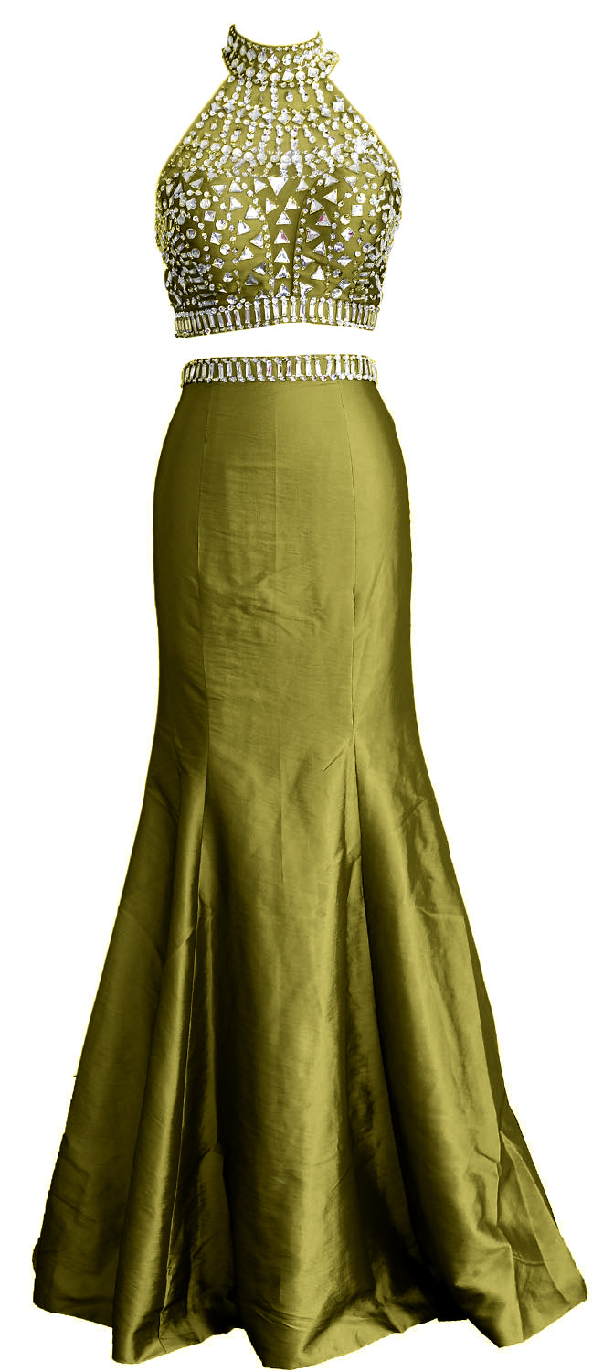 MACloth Damen Meerjungfrau Zweiteiliges Ballkleid mit hohem Halsausschnitt aus Taft, lang, formelles Kleid