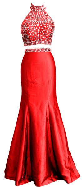 MACloth Women Mermaid Two Piece High Neck Taffeta Long Prom Dress Formal Gown