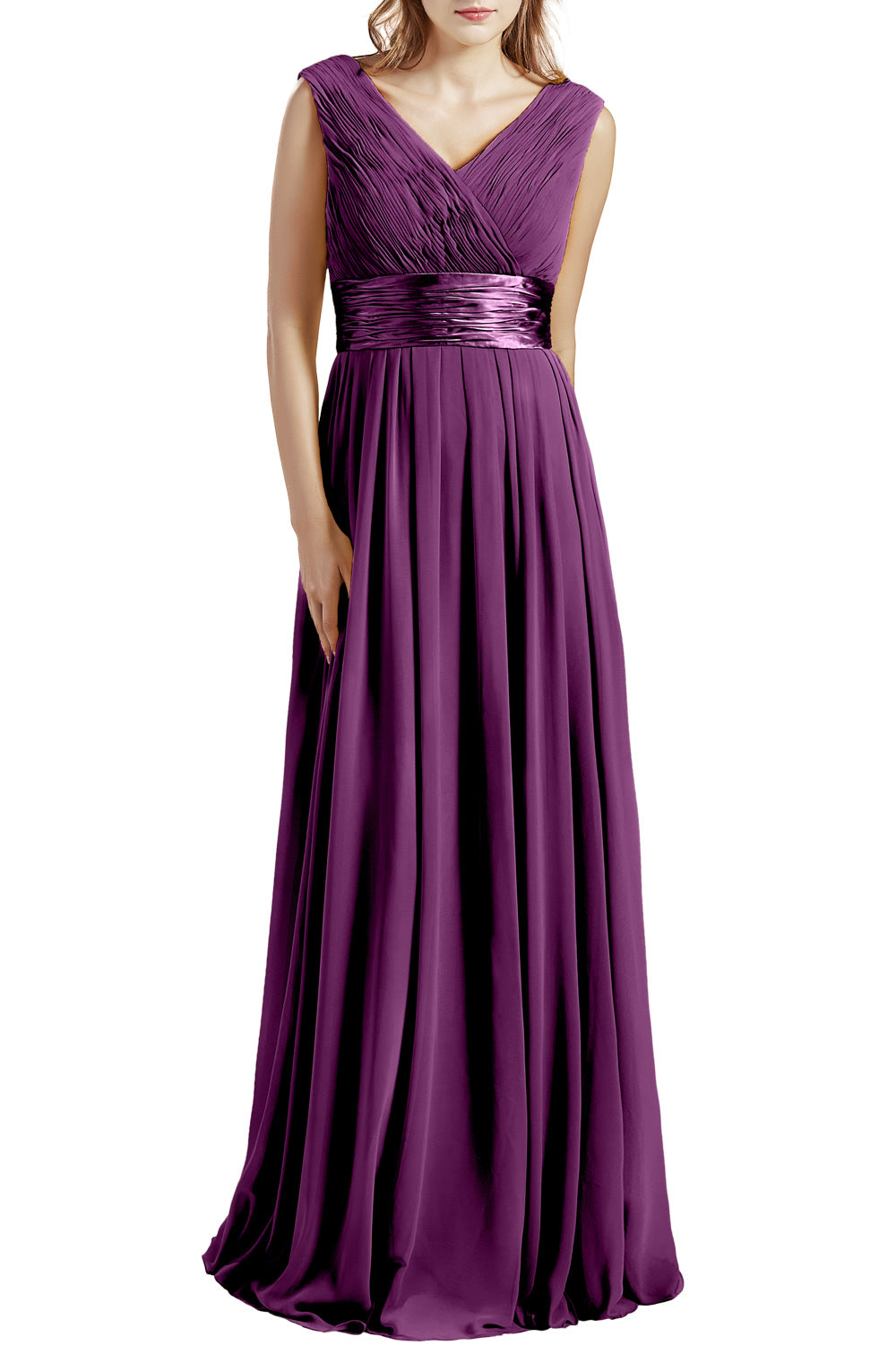 MACloth Damen Langes V-Ausschnitt Chiffon Brautjungfernkleid mit Rüschen BD