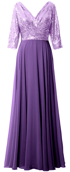 MACloth Women Long Sleeve V Neck Long Sequin Mother of Bride Dresses Maxi Gown
