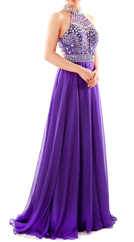 MACloth Women Halter High Neck Sleeveless Long Prom Party Dress Evening Gown