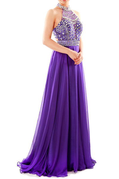 MACloth Women Halter High Neck Sleeveless Long Prom Party Dress Evening Gown