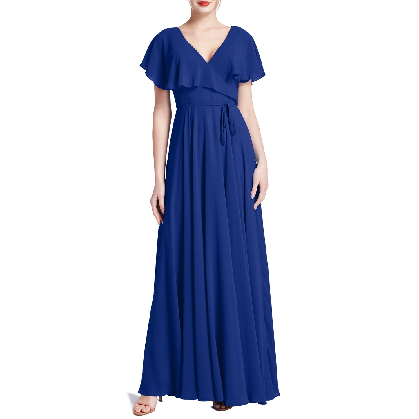 MACloth Women V Neck Ruffle BatWing Short Sleeve Maxi Wedding Bridesmaid Dresses