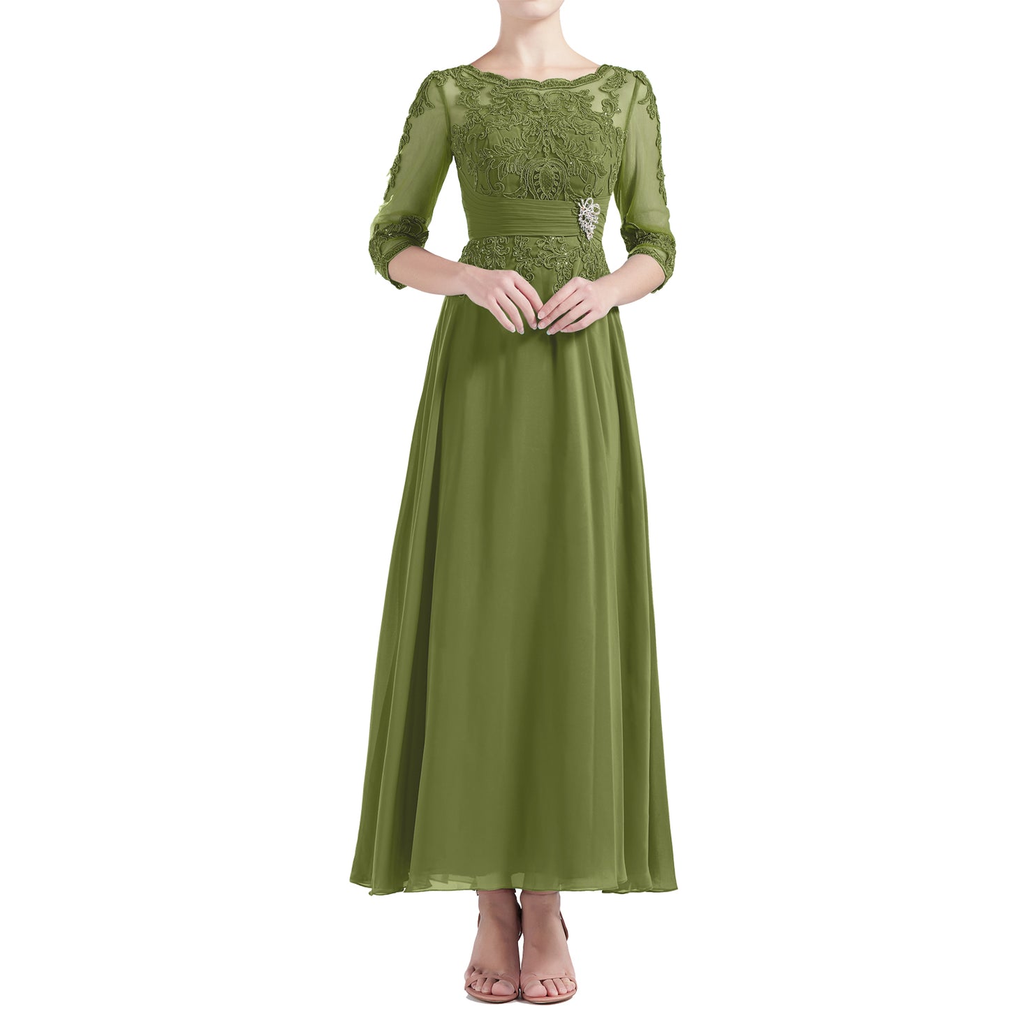 MACloth Women Tea Length 3/4 Sleeve Boat Neck Mother Bride Dresses Bri