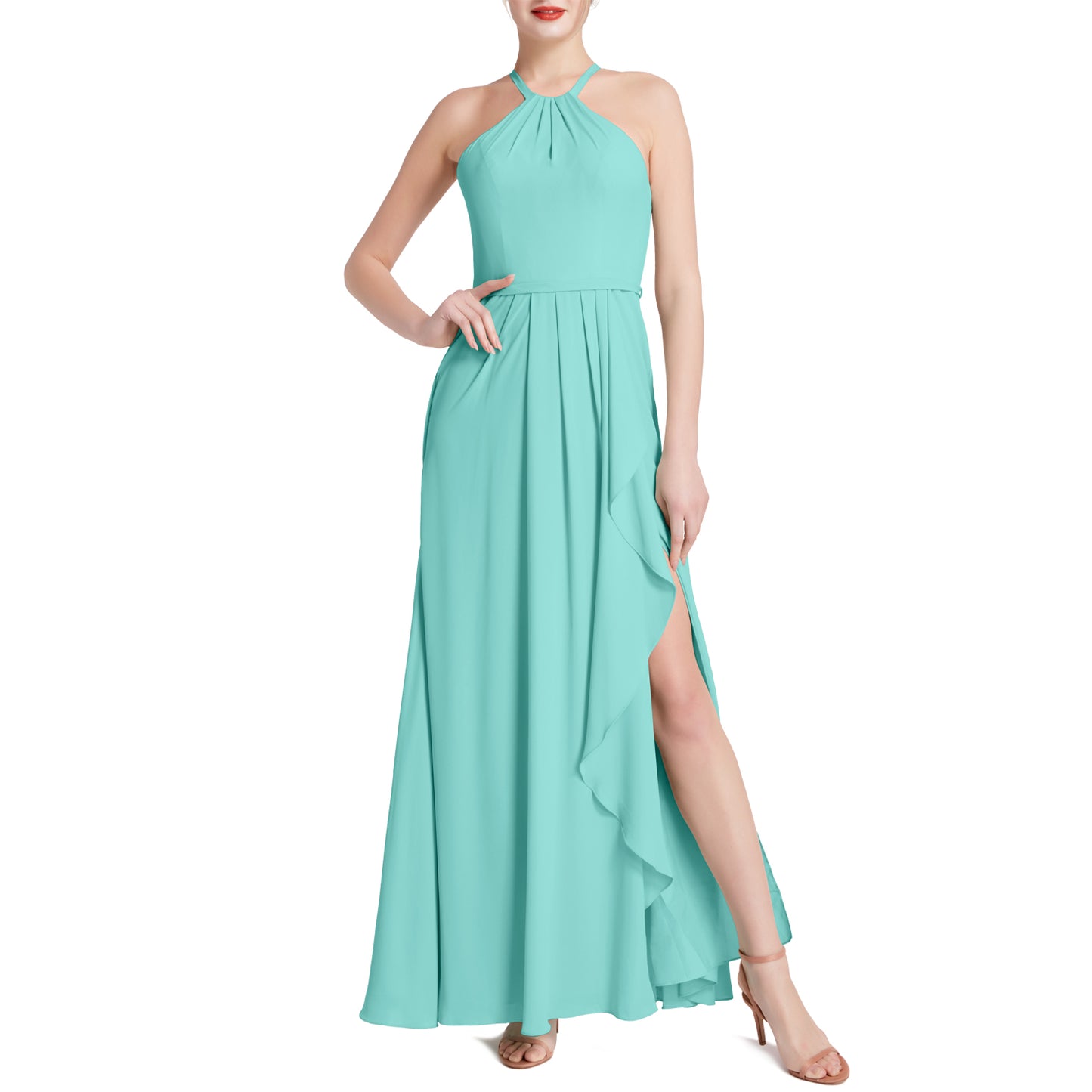 MACloth Damen Neckholder Langes Maxikleid für Hochzeit, Party, Brautjungfern, mit drapiertem Schlitz