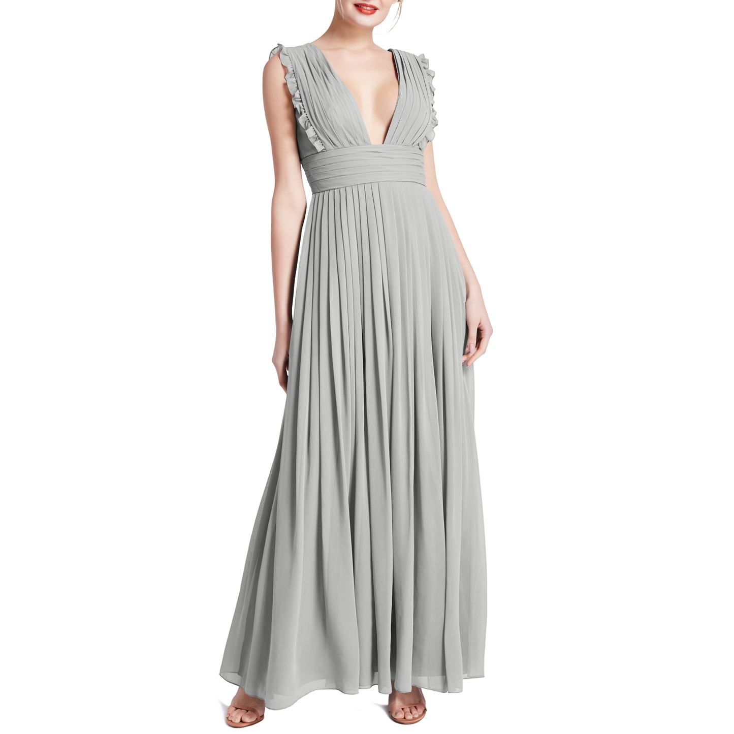 MACloth Women V Neck Ruffle Long Pleated Wedding Party Bridesmaid Dresses