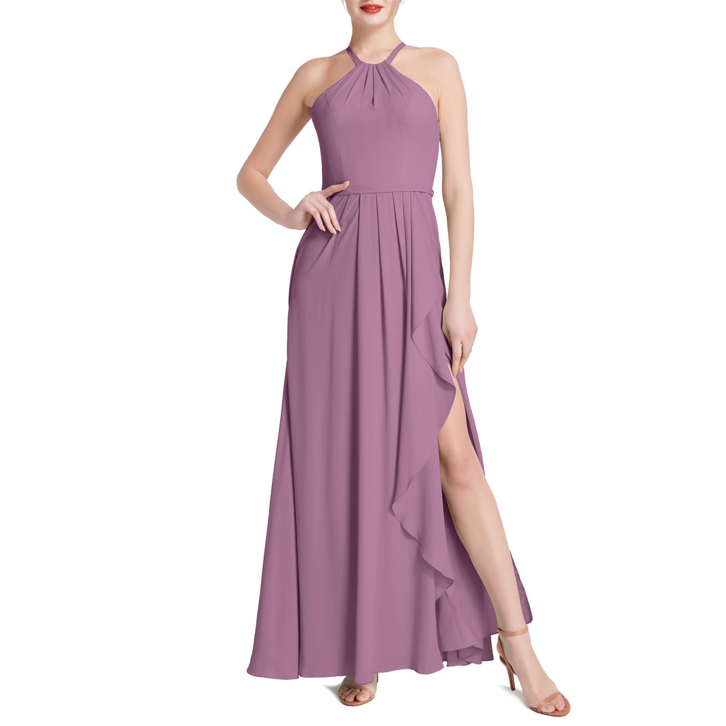 MACloth Damen Neckholder Langes Maxikleid für Hochzeit, Party, Brautjungfern, mit drapiertem Schlitz