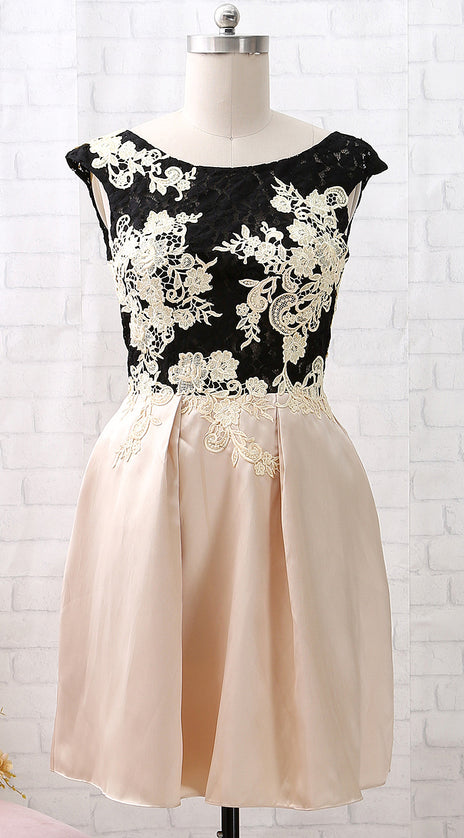 MACloth Cap Sleeves Lace Satin Short Cocktail Dress Champagne Wedding Party Dress