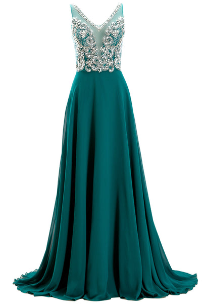 MACloth Straps V Neck Beaded Long Teal Prom Dress Chiffon Formal Evening Gown