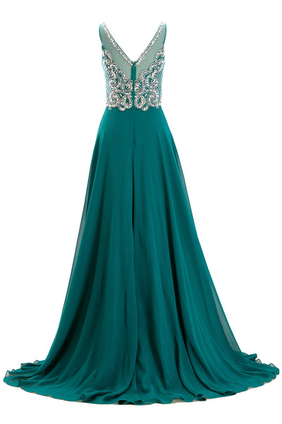 MACloth Straps V Neck Beaded Long Teal Prom Dress Chiffon Formal Evening Gown