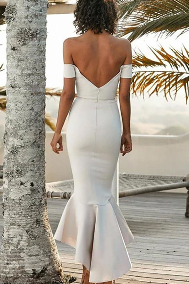 MACloth Off the Shoulder Mermaid Midi Bridesmaid Dress Ivory Cocktail Dress Custom Color / Above Knee / US4 MACloth Off the Shoulder Mermaid Midi Bridesmaid Dress Ivory Cocktail Dress Custom Color / Above Knee / US4
