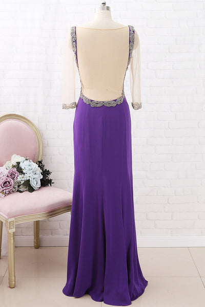 MACloth 3/4 Sleeves V Neck Sheath Crystals Purple Maxi Formal Evening Gown