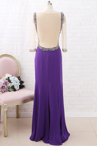 MACloth 3/4 Sleeves V Neck Sheath Crystals Purple Maxi Formal Evening Gown