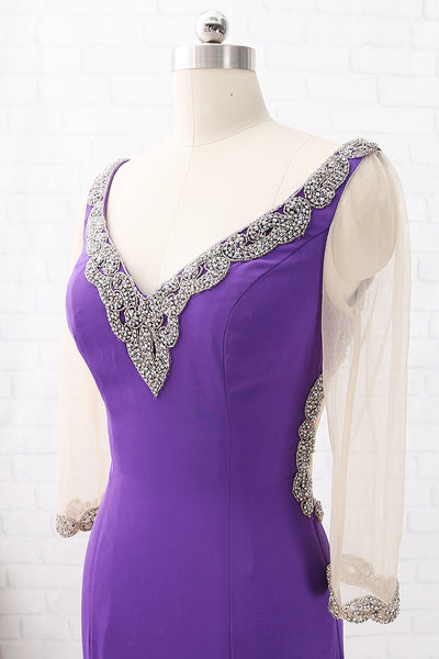MACloth 3/4 Sleeves V Neck Sheath Crystals Purple Maxi Formal Evening Gown