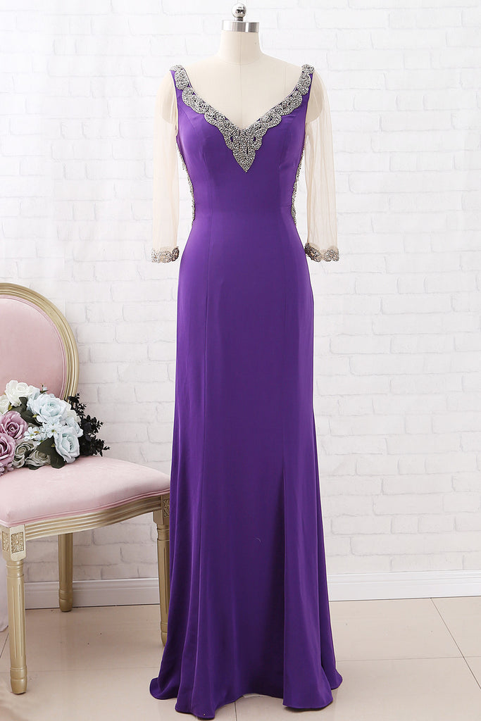MACloth 3/4 Sleeves V Neck Sheath Crystals Purple Maxi Formal Evening Gown