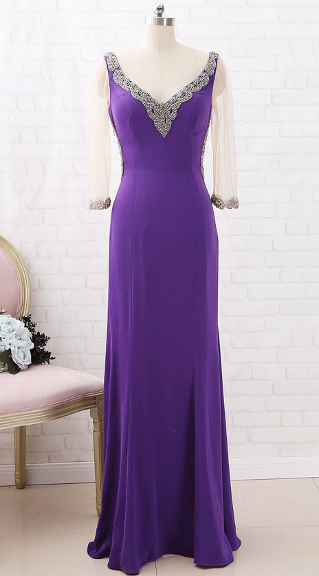 MACloth 3/4 Sleeves V Neck Sheath Crystals Purple Maxi Formal Evening Gown