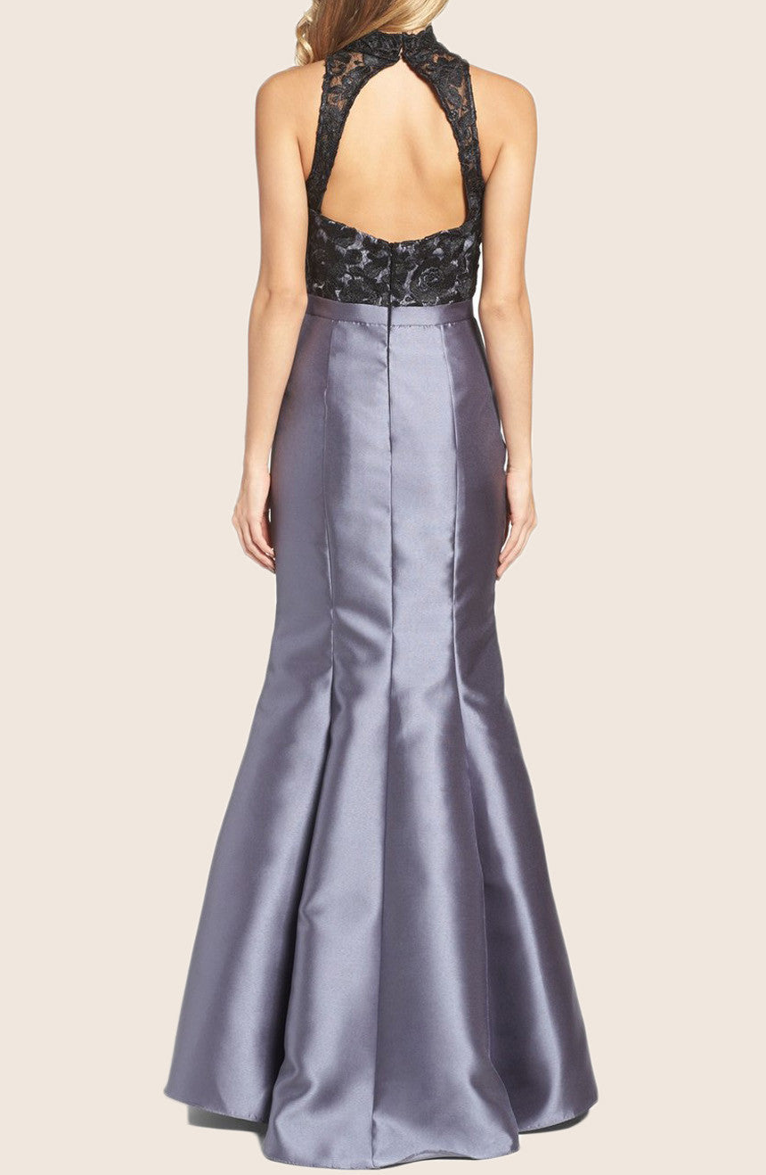 Vestido de fiesta de tafetán con encaje y cuello alto estilo sirena MACloth, color gris