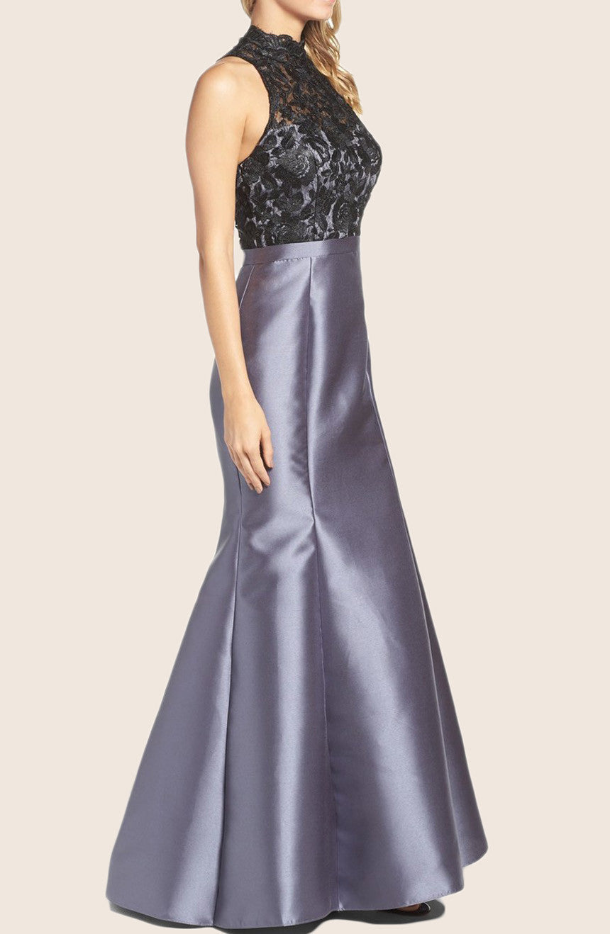 Vestido de fiesta de tafetán con encaje y cuello alto estilo sirena MACloth, color gris