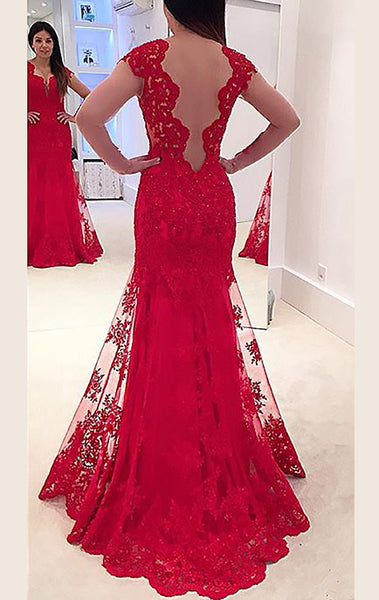 MACloth Long Sleeves V Neck Lace Prom Dress Red Formal Gown