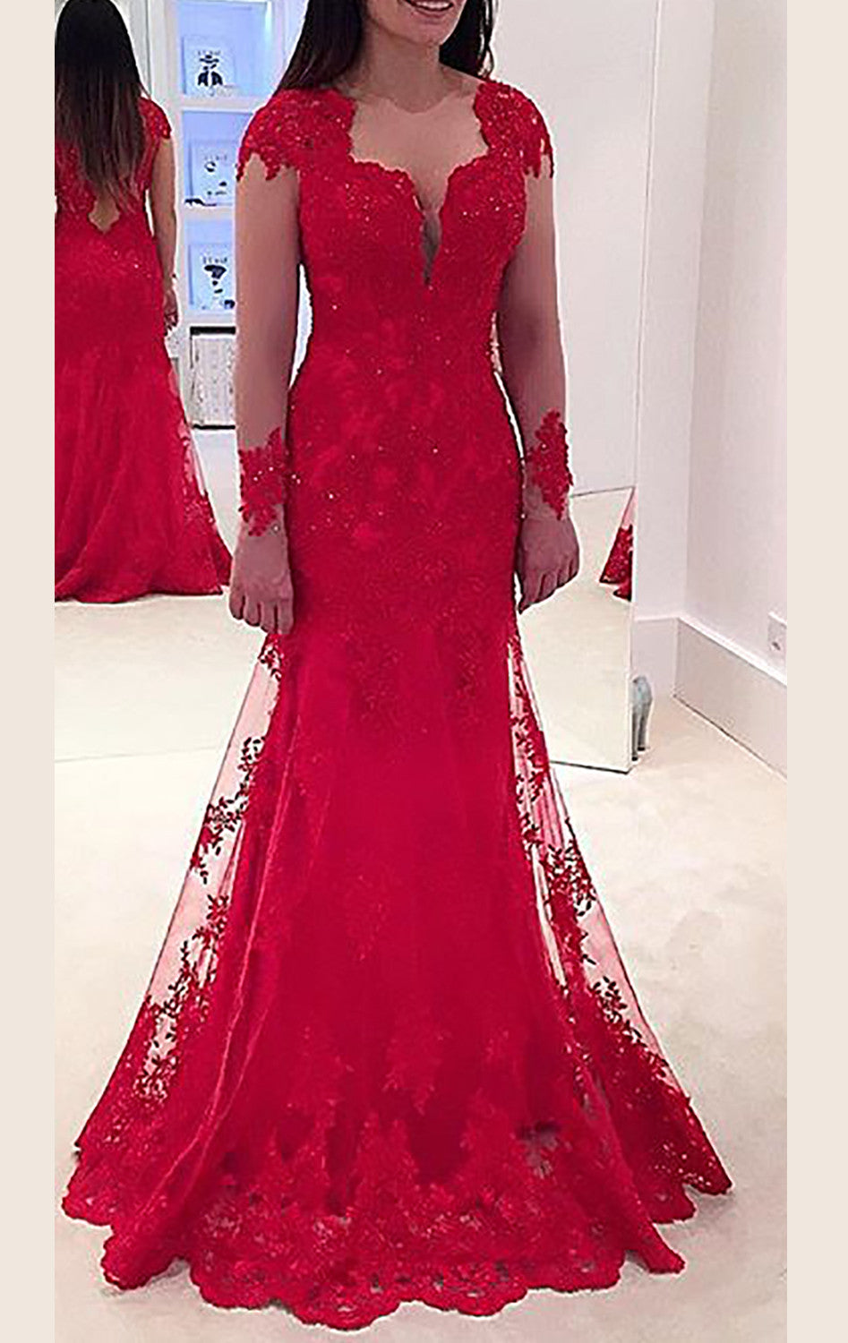 MACloth Ballkleid mit langen Ärmeln und V-Ausschnitt aus Spitze, rotes Abendkleid