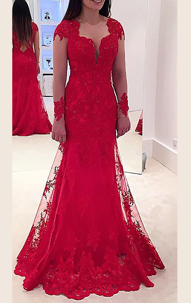 MACloth Long Sleeves V Neck Lace Prom Dress Red Formal Gown