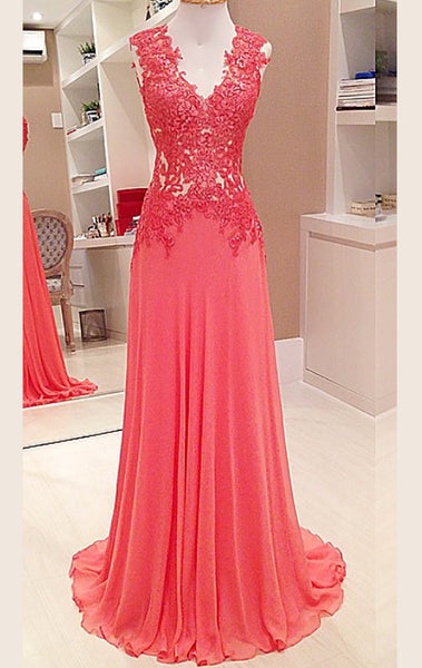 MACloth Straps V Neck Lace Chiffon Long Prom Dress Formal Party Gown