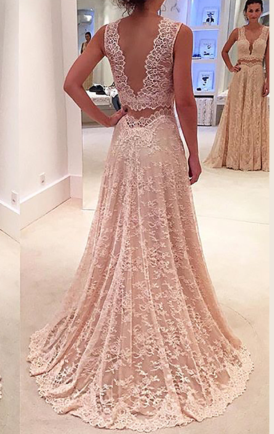 MACloth Zweiteiliges langes Ballkleid mit V-Ausschnitt und Spitze