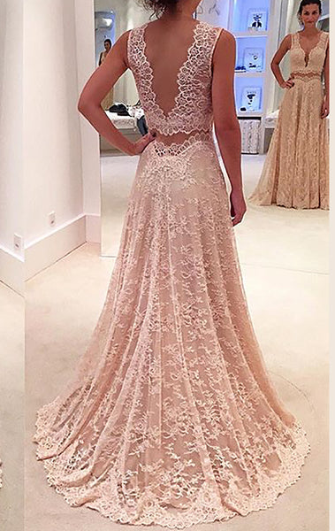 MACloth Two Piece V Neck Lace Long Prom Dress Formal Party Gown