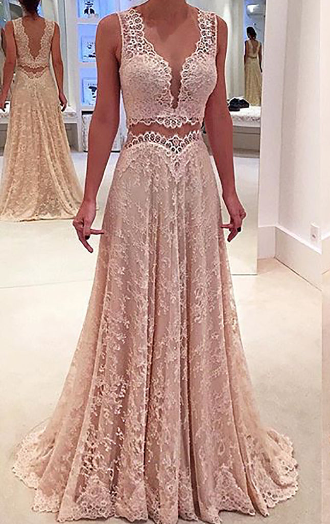 MACloth Two Piece V Neck Lace Long Prom Dress Formal Party Gown