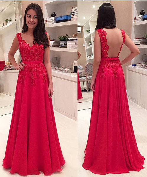 MACloth Straps V Neck Lace Chiffon Long Prom Dress Red Formal Gown