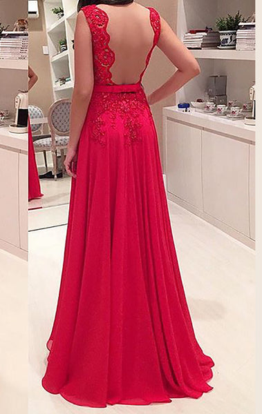 MACloth Straps V Neck Lace Chiffon Long Prom Dress Red Formal Gown