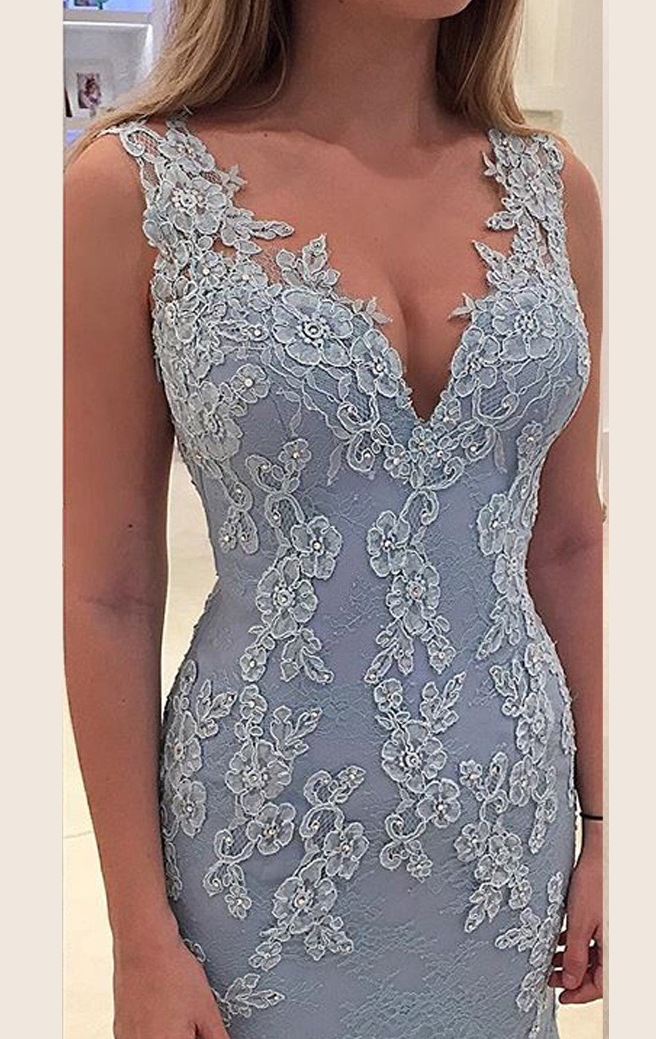 MACloth  Mermaid Straps V Neck Lace Maxi Prom Dress Sky Blue Formal Gown