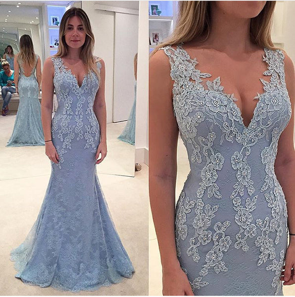 MACloth  Mermaid Straps V Neck Lace Maxi Prom Dress Sky Blue Formal Gown