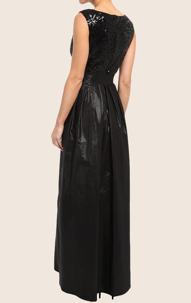 MACloth Straps O Neck High Low Prom Dress Black Sequin Taffeta Formal Gown